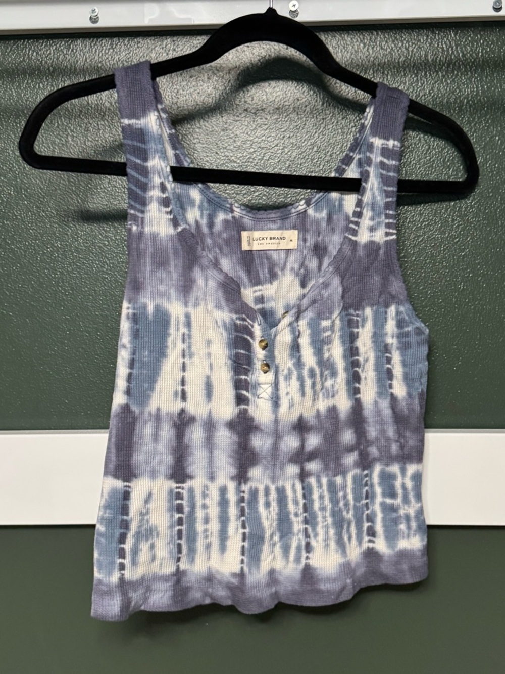 Lucky Brand Blue and White Tie-Dye Tank with Button Detail